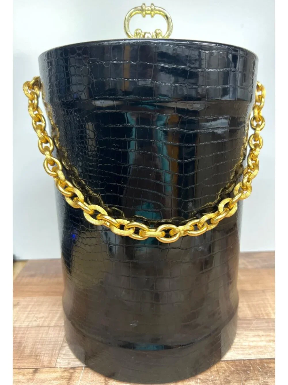 Vintage Black Faux Crocodile Ice Bucket With Gold Chain Handle And Lid Retro
